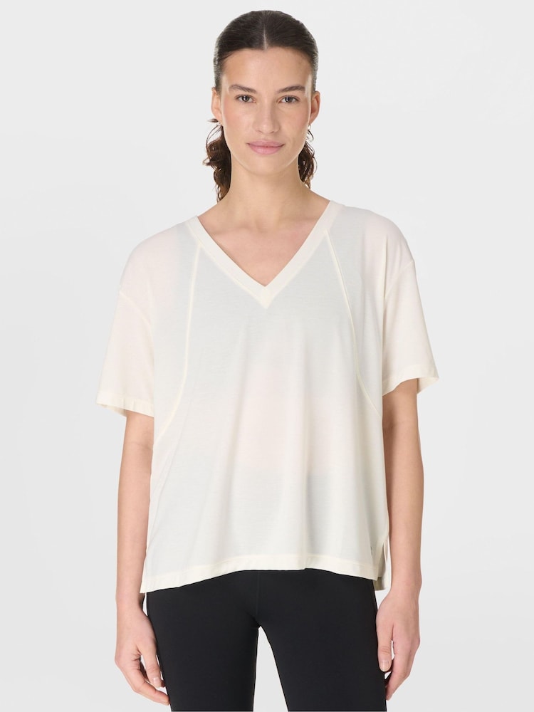 Sweaty Betty White Soft Flow Studio V-Neck T-Shirt - Image 1 of 7 Sweaty Betty White Soft Flow Studio V-Neck T-Shirt - Image 1 of 7