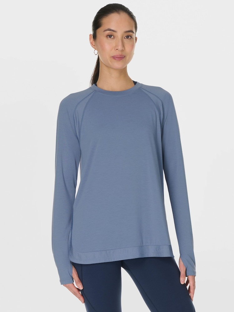 Sweaty Betty Blue Breathe Easy Longline Long Sleeve Top - Image 1 of 7 Sweaty Betty Blue Breathe Easy Longline Long Sleeve Top - Image 1 of 7