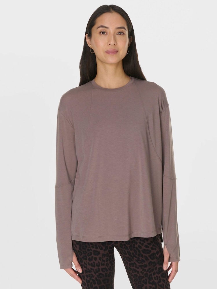 Sweaty Betty Brown Soft Flow Studio Longline Long Sleeve Top - Image 1 of 7