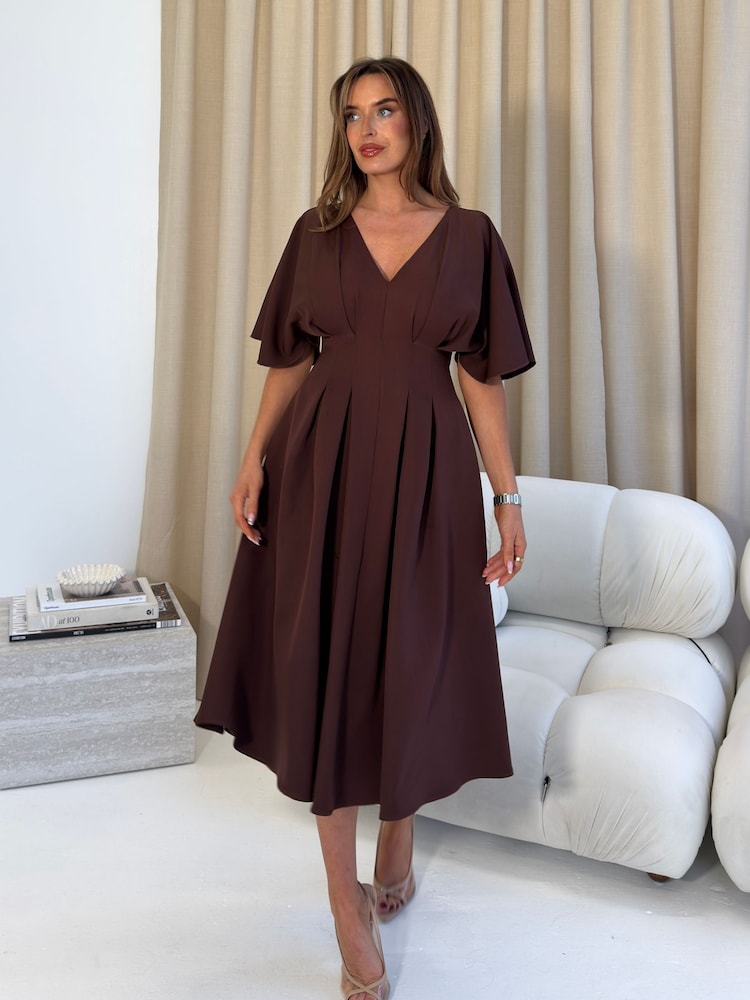 Girl In Mind Laura V-Neck Short Sleeve Flowy Brown Midi Dress - Bild 1 von 6