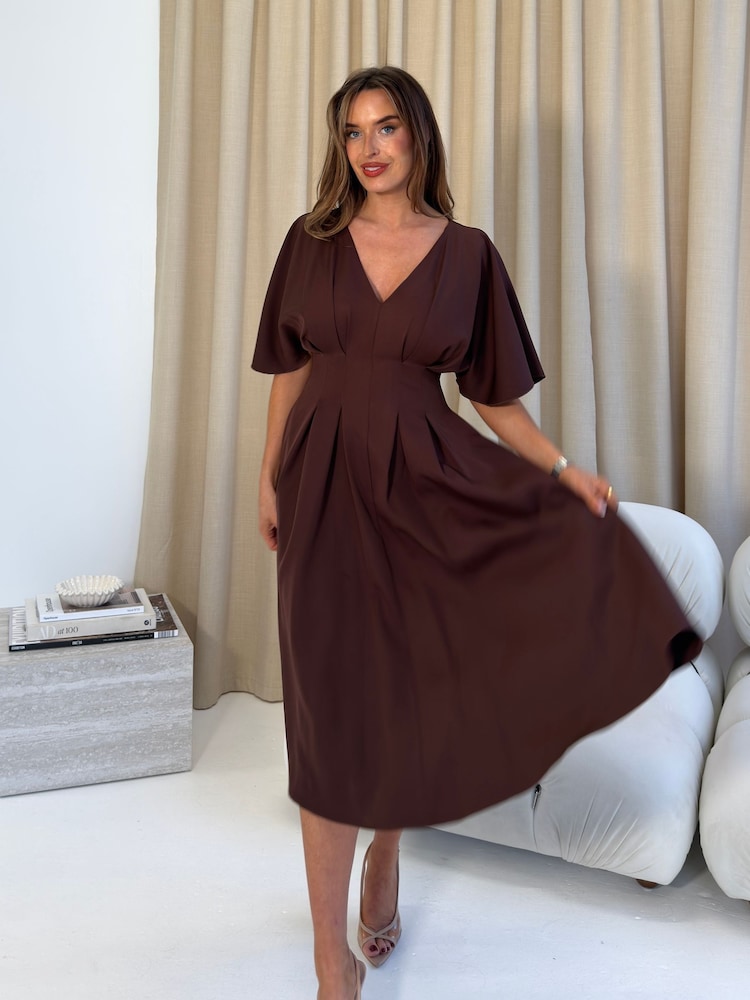 Girl In Mind Laura V-Neck Short Sleeve Flowy Brown Midi Dress - Bild 6 von 6