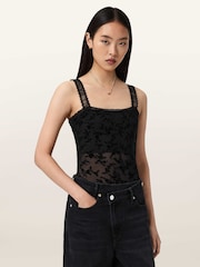 AllSaints Black Charli Flocked Bodysuit - Image 1 of 7