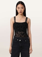 AllSaints Black Charli Flocked Bodysuit - Image 2 of 7