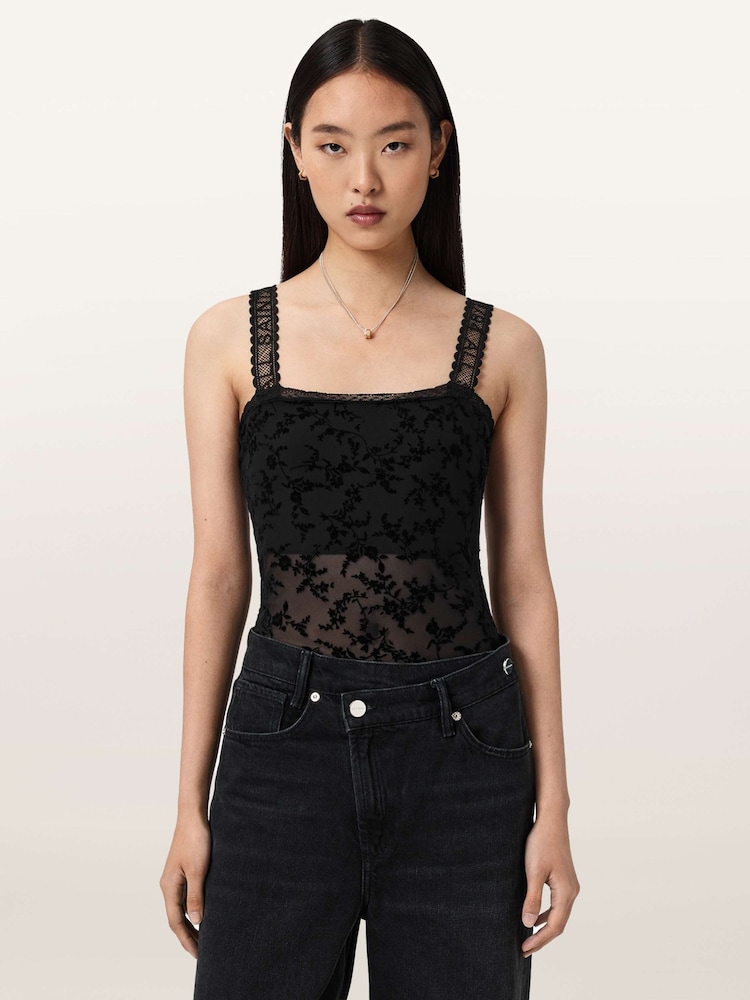AllSaints Black Charli Flocked Bodysuit - Image 2 of 7