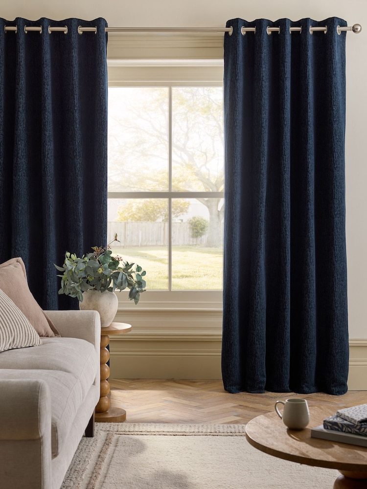 Blue Navy Heavyweight Chenille Blackout/Thermal Eyelet Curtains - Image 2 of 5