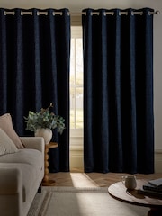 Blue Navy Heavyweight Chenille Blackout/Thermal Eyelet Curtains - Image 3 of 5
