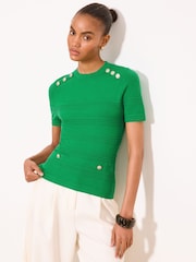 Lipsy Green Stripe Button Detail T-Shirt - Image 1 of 4