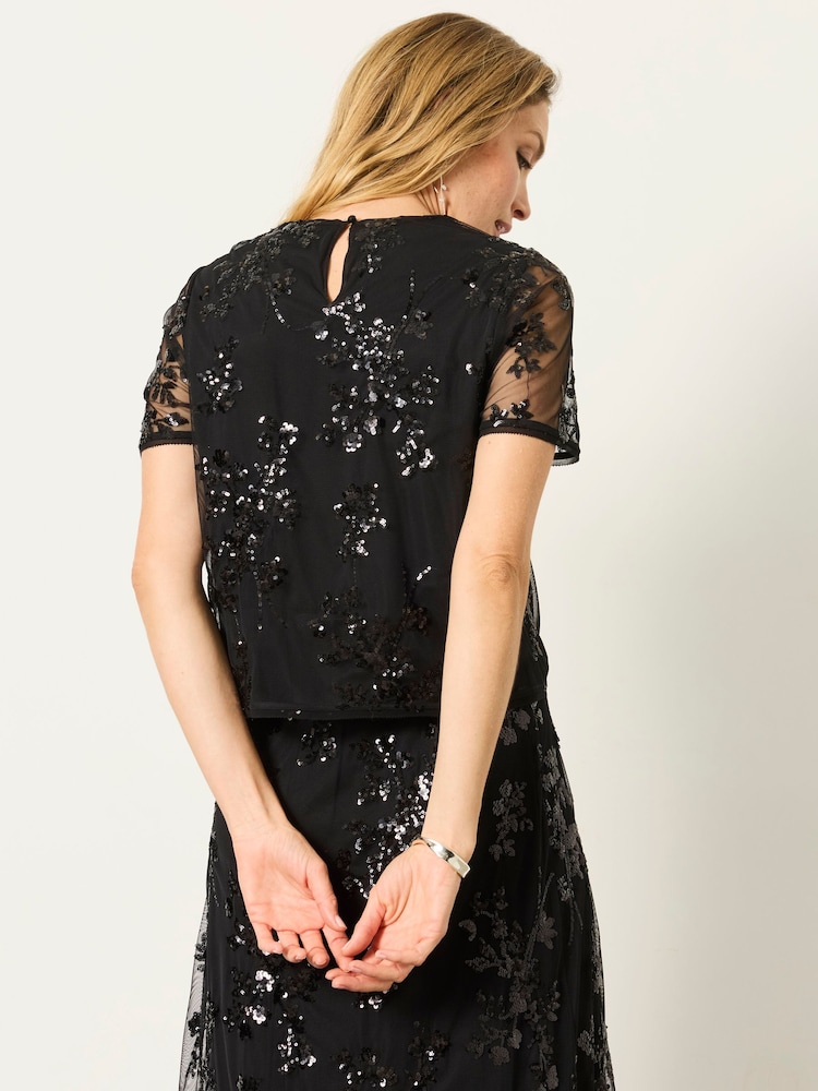 FatFace Black Petite Cora Sequin Short Sleeve Top - Image 2 of 6
