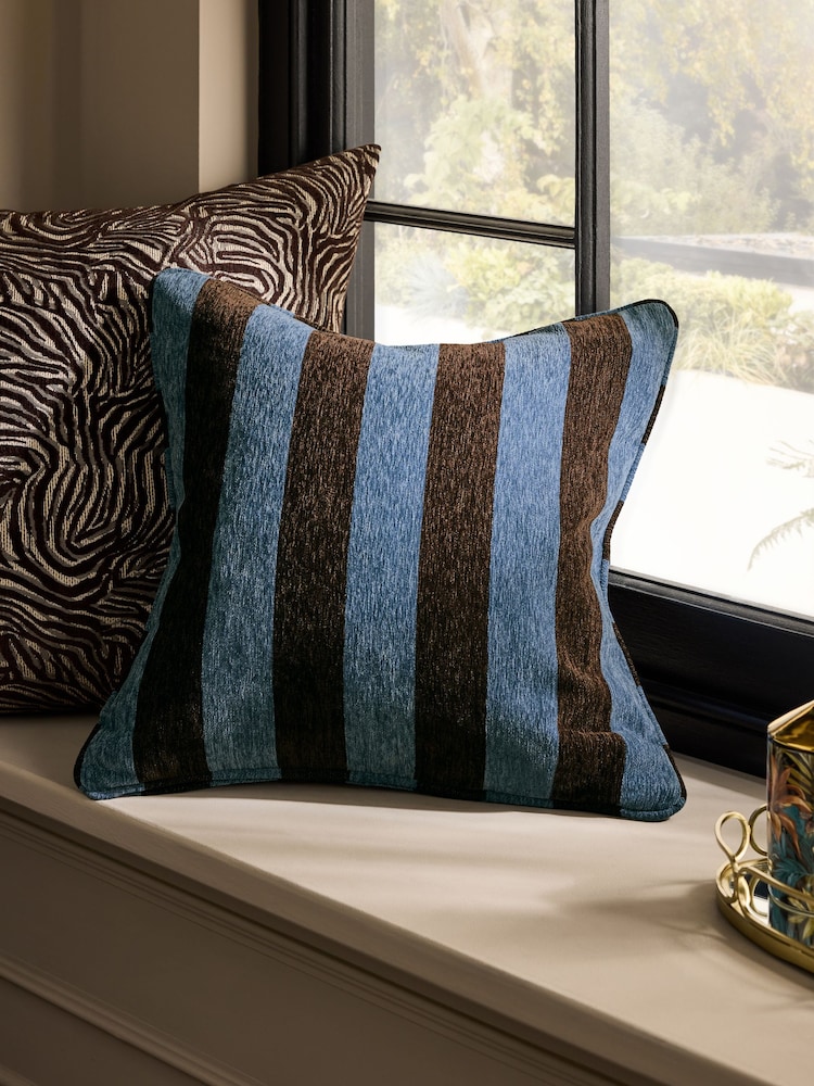 Blue/Brown 50 x 50cm Chenille Stripe Cushion - Image 1 of 4