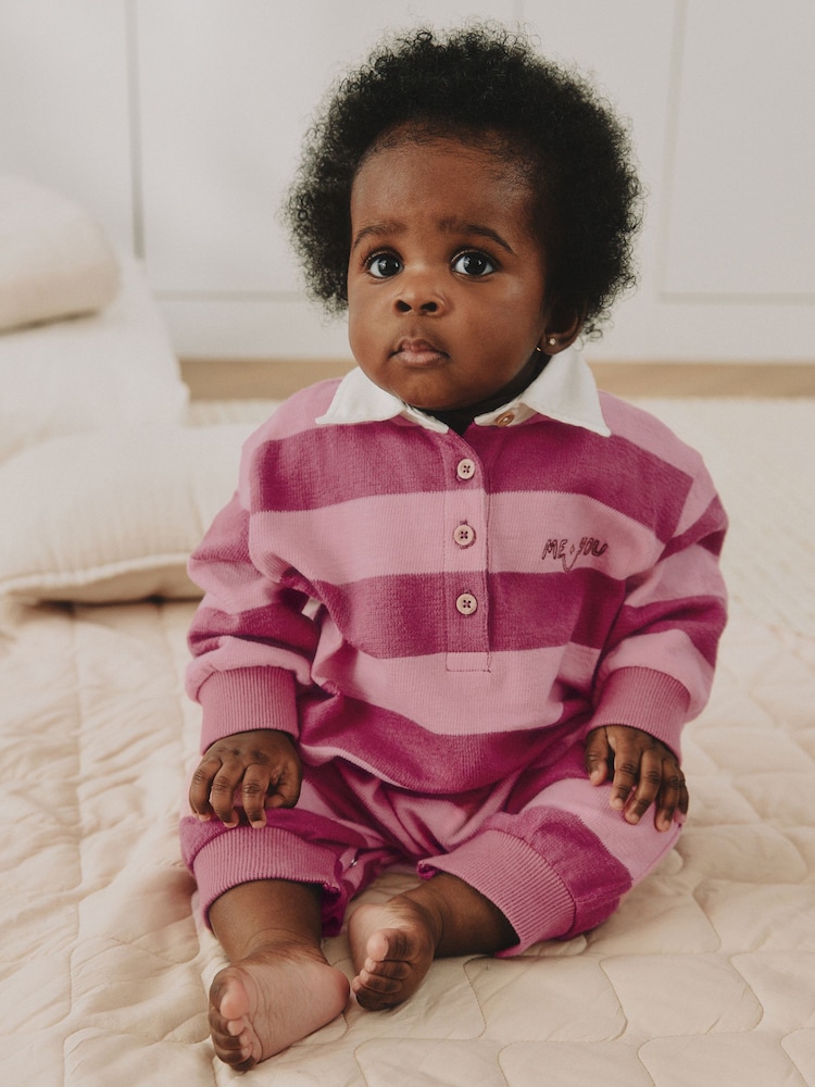 Pink Stripe Collared Jersey Baby Romper (0mths-2yrs) - Image 1 of 9 Pink Stripe Collared Jersey Baby Romper (0mths-2yrs) - Image 1 of 9