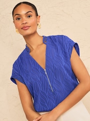 Kobaltblau - Love & Roses Roll Sleeve Zip Front Blouse - Bild 1 von 4