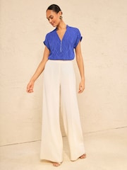 Kobaltblau - Love & Roses Roll Sleeve Zip Front Blouse - Bild 3 von 4