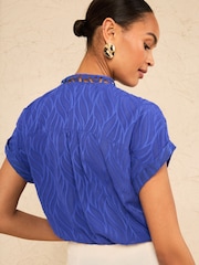 Kobaltblau - Love & Roses Roll Sleeve Zip Front Blouse - Bild 4 von 4