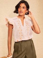 Love & Roses Neutral Stripe Embroidery Cutwork Flutter Sleeve Blouse - Image 1 of 4