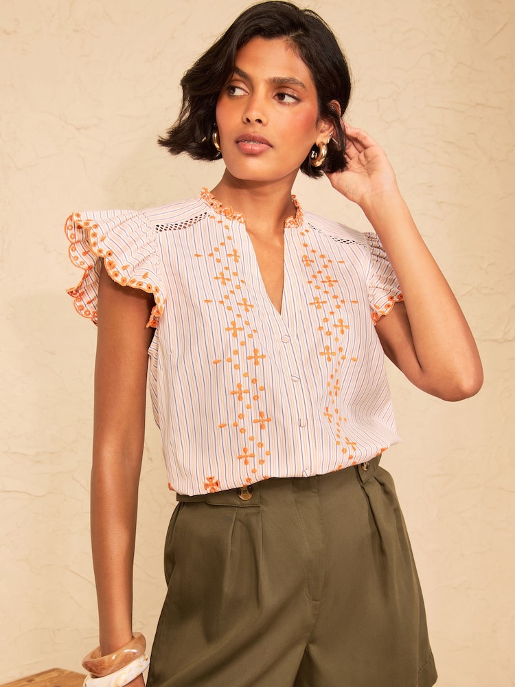 Love & Roses Neutral Stripe Embroidery Cutwork Flutter Sleeve Blouse - Image 1 of 4
