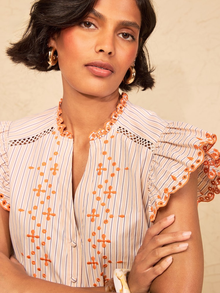 Love & Roses Neutral Stripe Embroidery Cutwork Flutter Sleeve Blouse - Image 2 of 4