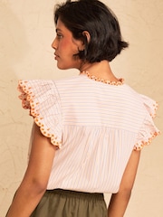 Love & Roses Neutral Stripe Embroidery Cutwork Flutter Sleeve Blouse - Image 4 of 4