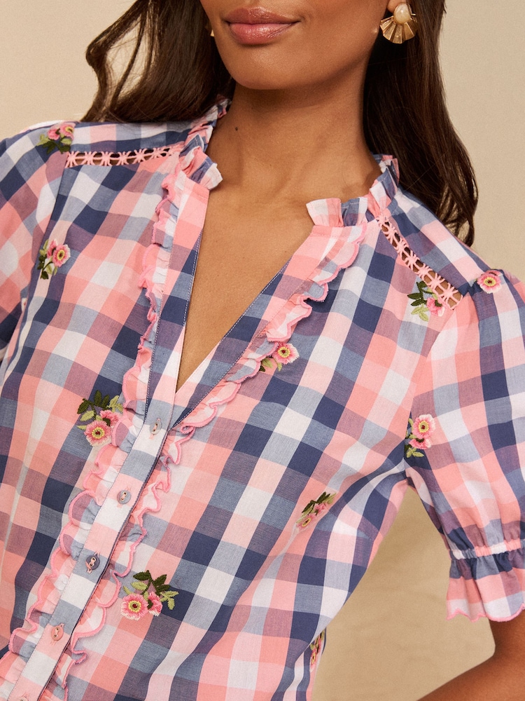Love & Roses Pink Gingham Flower Embroidered Short Sleeve Blouse - Image 2 of 4