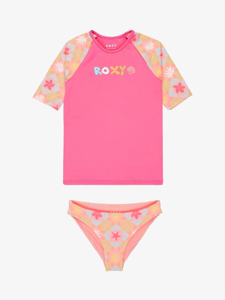 Roxy Pink Check TW Short Sleeve Lycra Rash Vest Swim Set - Image 1 of 2 Roxy Pink Check TW Short Sleeve Lycra Rash Vest Swim Set - Image 1 of 2