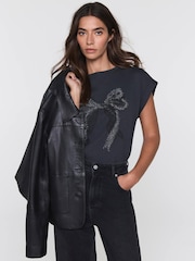 Mint Velvet Grey Cotton Bow Detail T-Shirt - Image 1 of 7