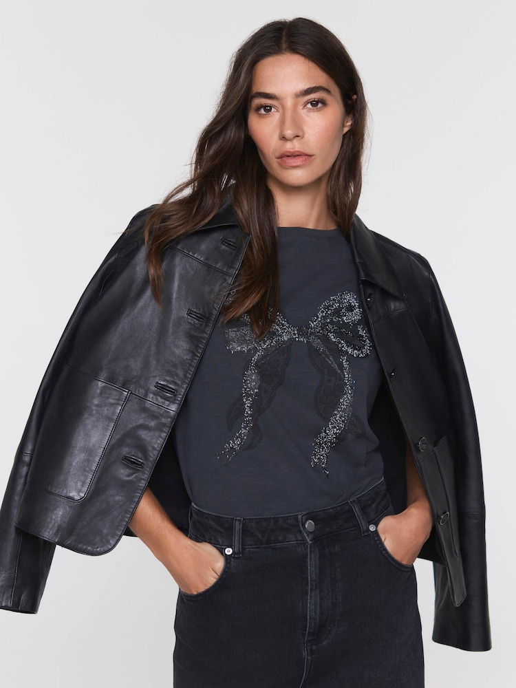 Mint Velvet Grey Cotton Bow Detail T-Shirt - Image 2 of 7