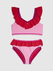 River Island Pink Colour Block Textured Frill Bikini - Image 1 of 4