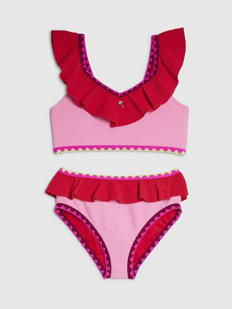 River Island Pink Colour Block Textured Frill Bikini - Image 1 of 4