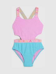 River Island Pink Colour Block Textured Logo Swimsuit - Image 1 of 4