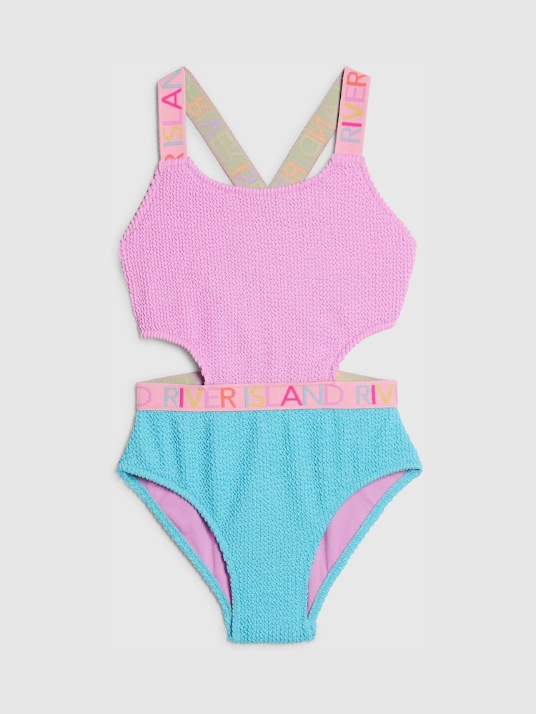 River Island Pink Colour Block Textured Logo Swimsuit - Image 1 of 4
