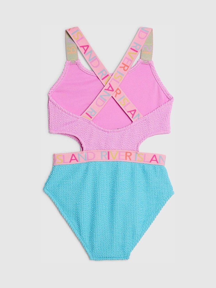 River Island Pink Colour Block Textured Logo Swimsuit - Image 2 of 4