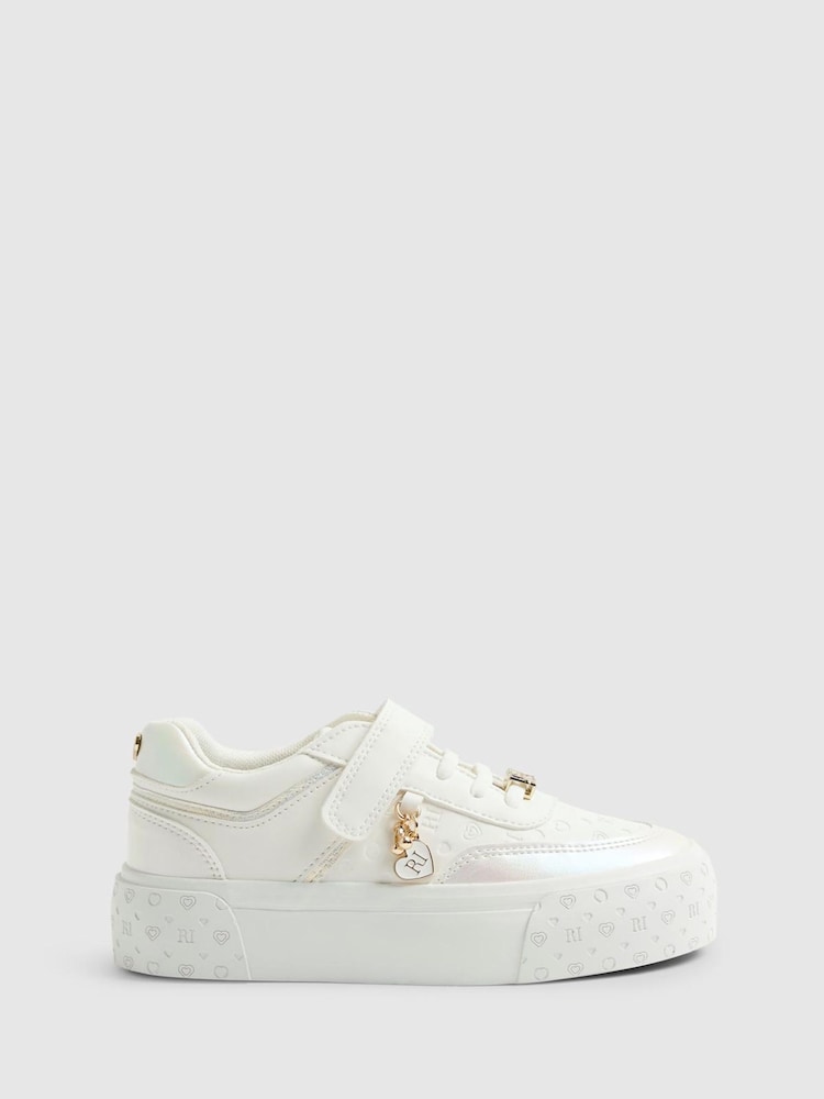 River Island White Iridescent Monogram Charm Trainers - Image 1 of 5 River Island White Iridescent Monogram Charm Trainers - Image 1 of 5
