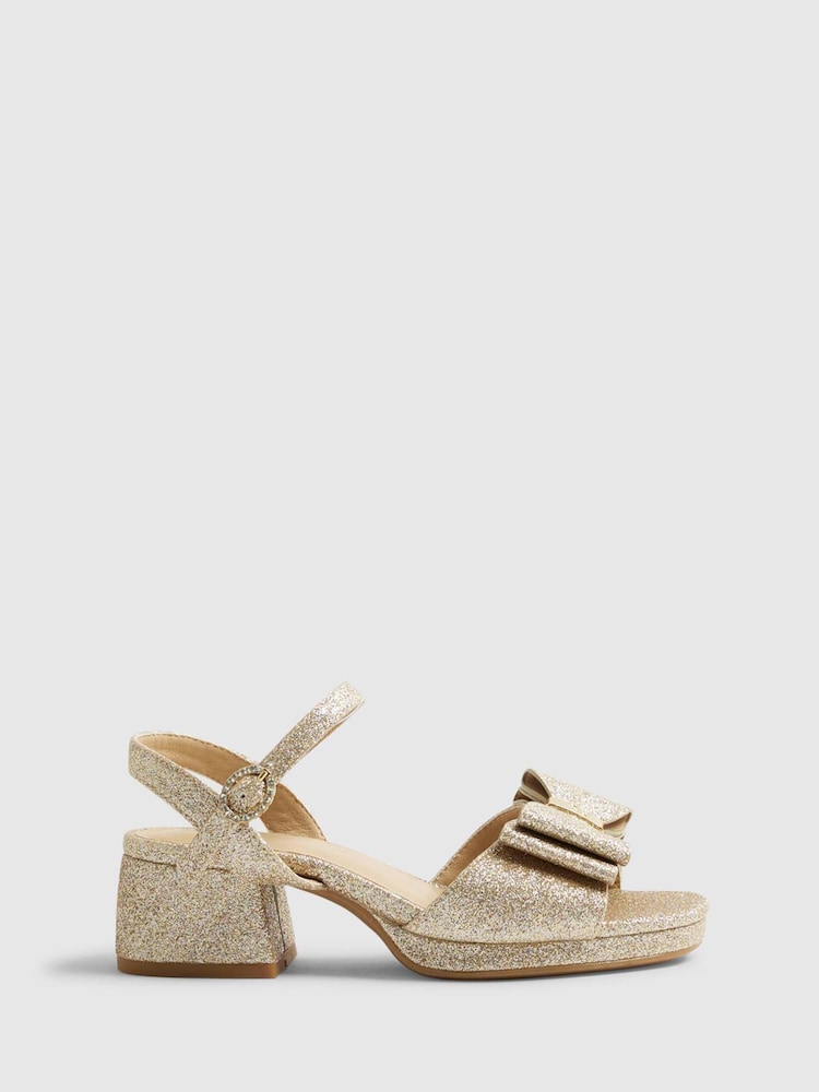 River Island Gold Glitter Bow Heeled Sandal - Image 1 of 5