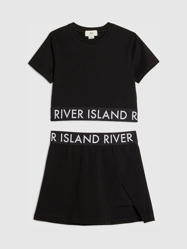 River Island Black Logo Waistband T-Shirt & Skort Set - Image 1 of 4