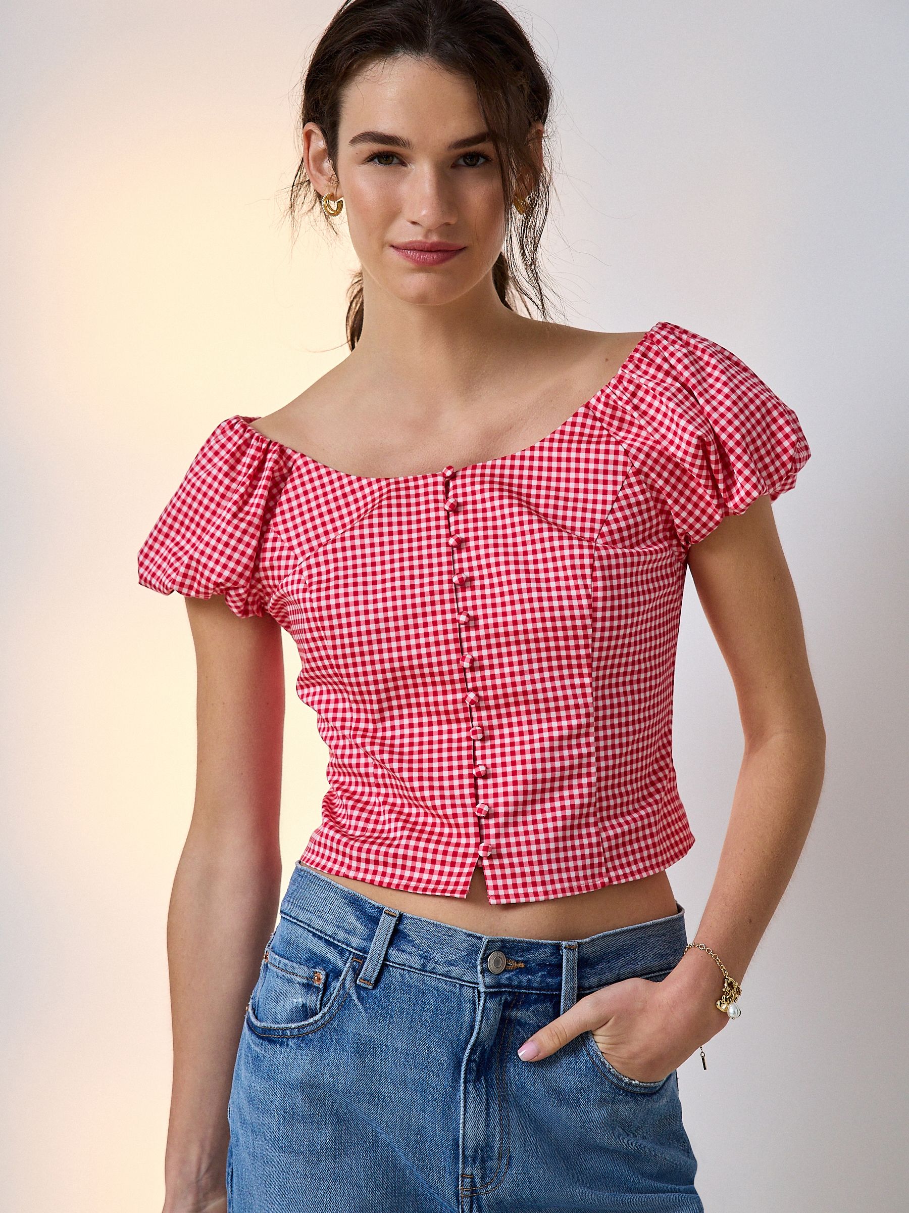 Buy Red/White Gingham Milkmaid Puff Sleeve Top from Next USA