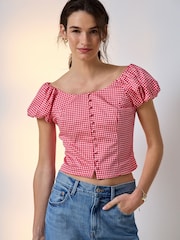 Red/White Gingham Milkmaid Puff Sleeve Top - Image 1 of 7