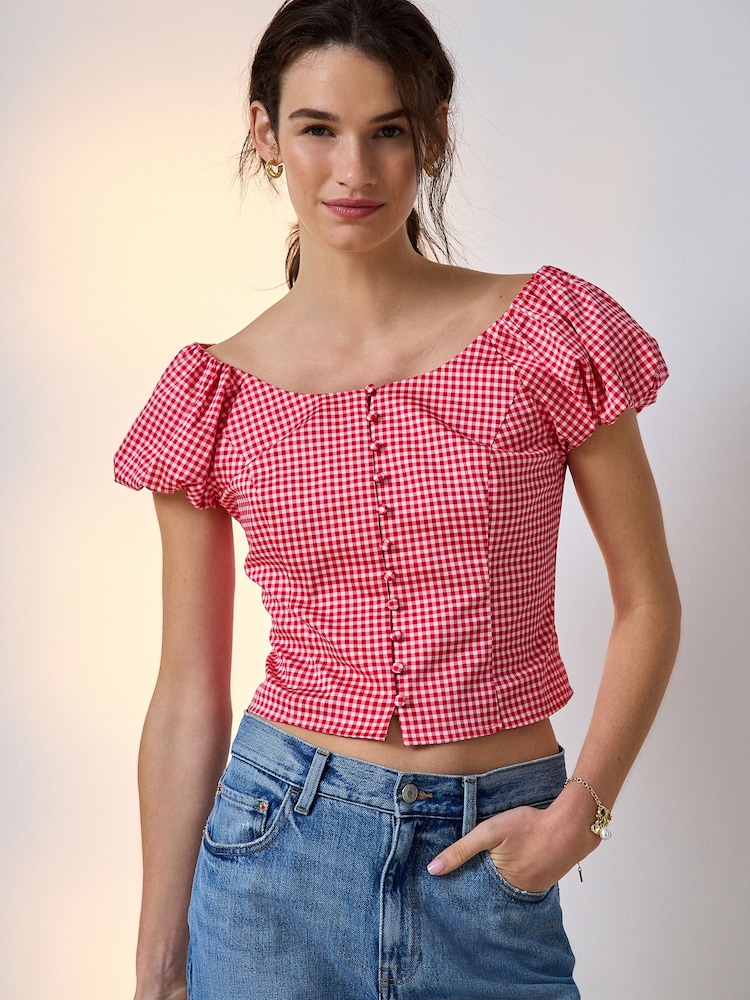 Red/White Gingham Milkmaid Puff Sleeve Top - Image 1 of 7