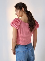 Red/White Gingham Milkmaid Puff Sleeve Top - Image 2 of 7
