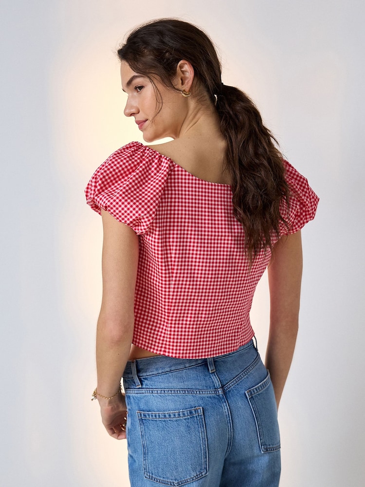 Red/White Gingham Milkmaid Puff Sleeve Top - Image 2 of 7