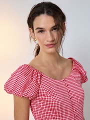 Red/White Gingham Milkmaid Puff Sleeve Top - Image 4 of 7