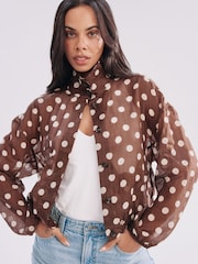 Chocolate Brown/Ecru Polka Dot Funnel Neck Lightweight Bomber Shirt - Image 1 of 7