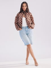 Chocolate Brown/Ecru Polka Dot Funnel Neck Lightweight Bomber Shirt - Image 2 of 7
