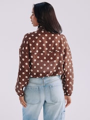 Chocolate Brown/Ecru Polka Dot Funnel Neck Lightweight Bomber Shirt - Image 3 of 7