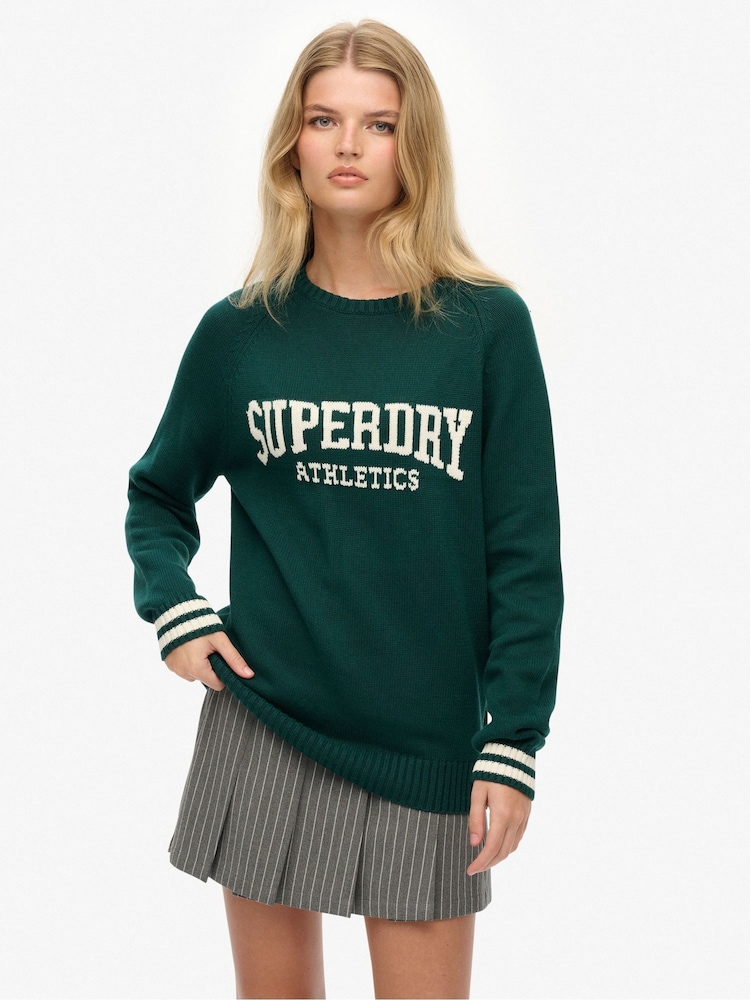 Superdry Green Slouchy Intarsia Graphic Knitted Jumper - Image 1 of 6 Superdry Green Slouchy Intarsia Graphic Knitted Jumper - Image 1 of 6