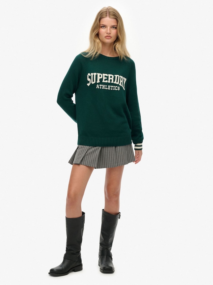 Superdry Green Slouchy Intarsia Graphic Knitted Jumper - Image 2 of 6 Superdry Green Slouchy Intarsia Graphic Knitted Jumper - Image 2 of 6