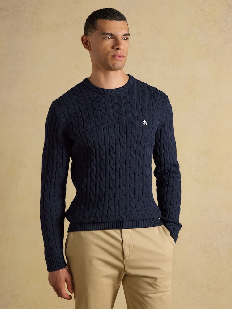 Joules Navy Crew Neck Cotton Cable Knit Jumper - Image 1 of 6 Joules Navy Crew Neck Cotton Cable Knit Jumper - Image 1 of 6