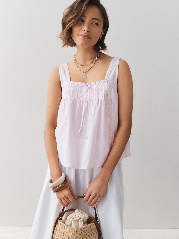 Light Pink Lace Ribbon Trim Cami Top - Image 1 of 7 Light Pink Lace Ribbon Trim Cami Top - Image 1 of 7