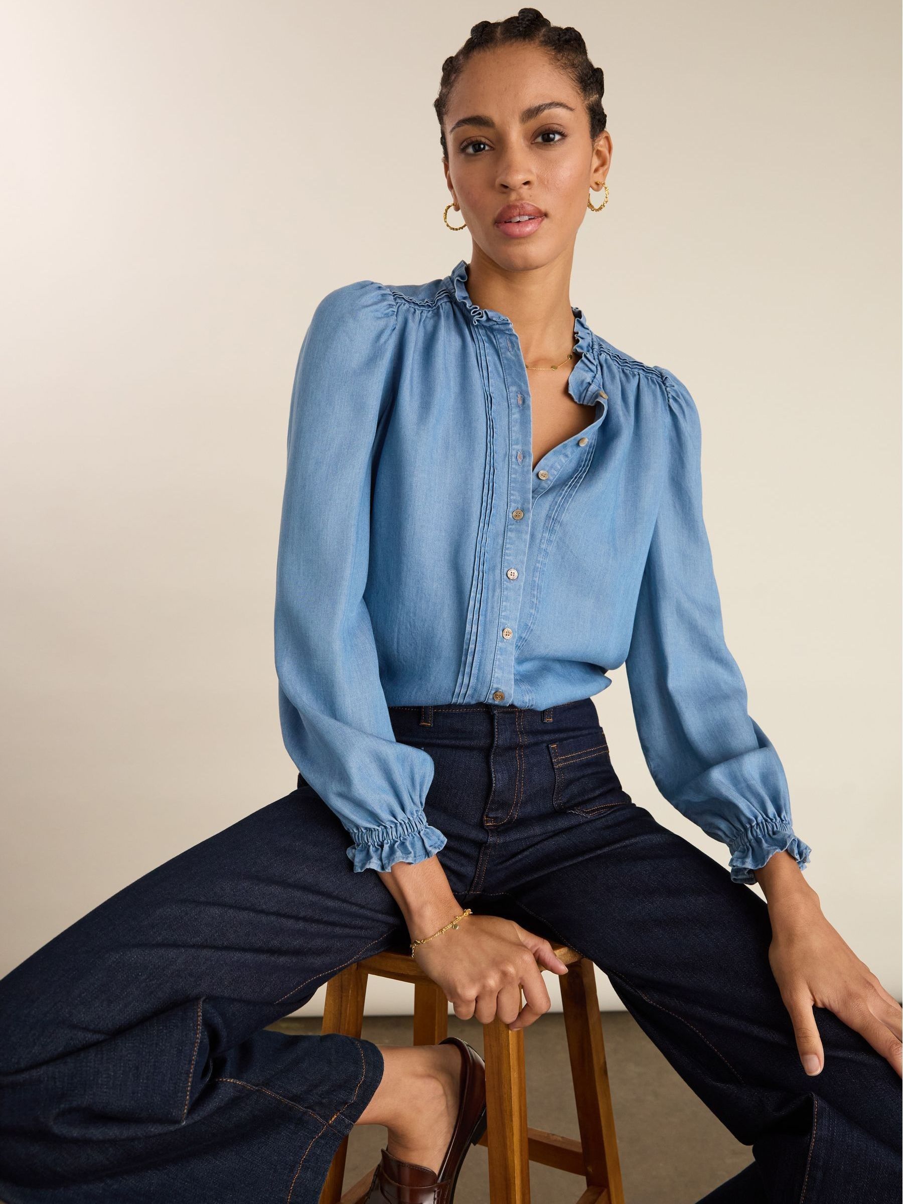 Buy Baukjen Blue Zoe Frill Neck Blouse from Next USA