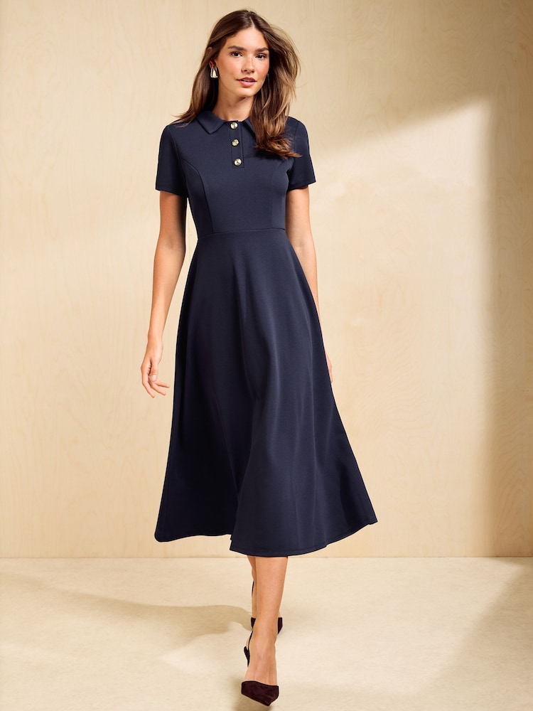Friends Like These Navy Collar Button Front Midi Dress - Image 1 of 4