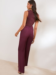 Friends Like These Purple Fig Petite Elastic Back Tailored Wide Leg Trousers - Image 5 of 5