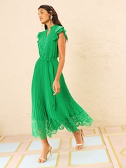 Love & Roses Bright Green Petite Lace Detail Pleated Midi Dress - Image 3 of 4